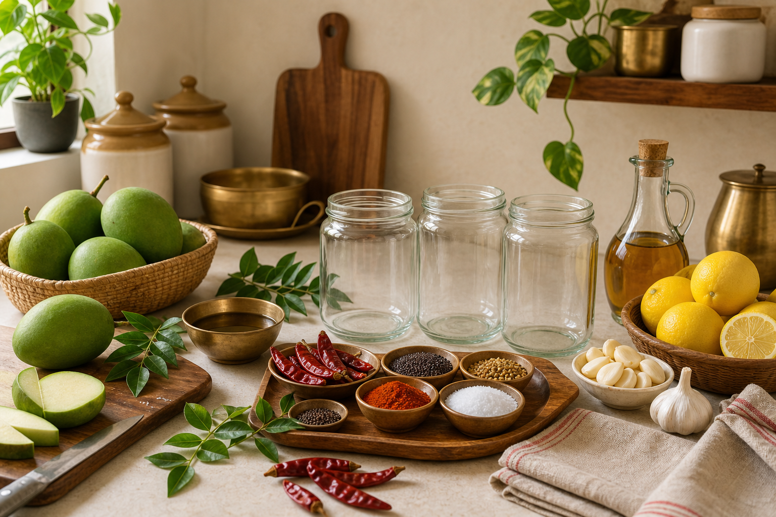 Clean and neatly arranged homemade pickle ingredients, jars, and spices in a bright kitchen