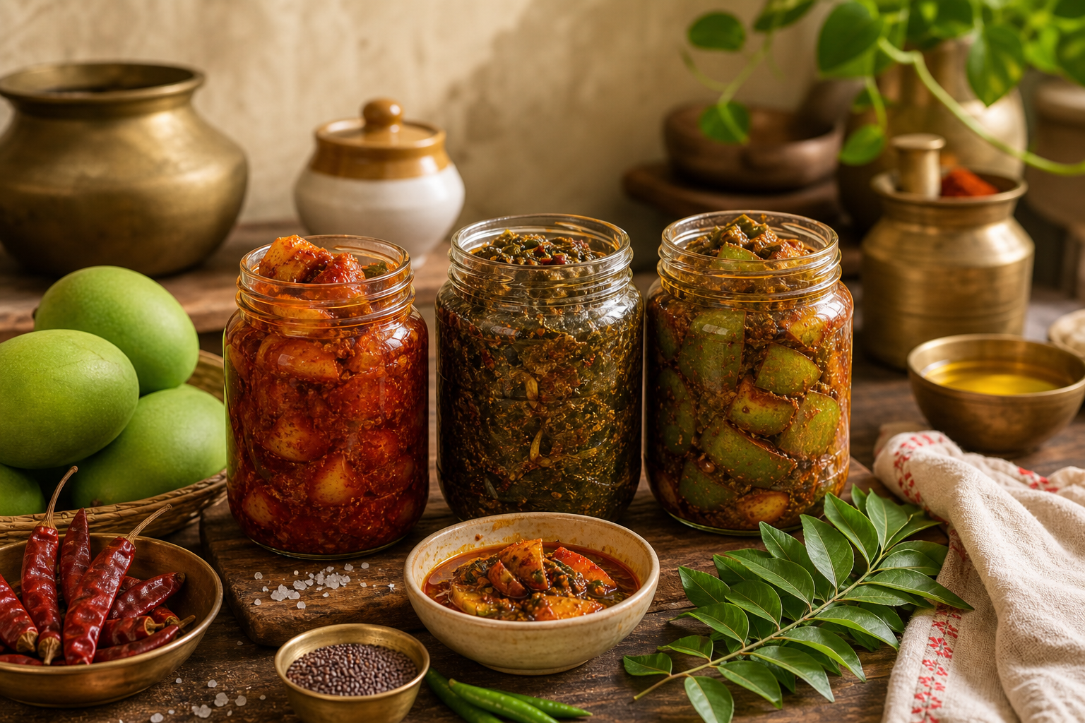 Homemade Andhra pickle jars with mangoes, chillies, and spices on a rustic kitchen table