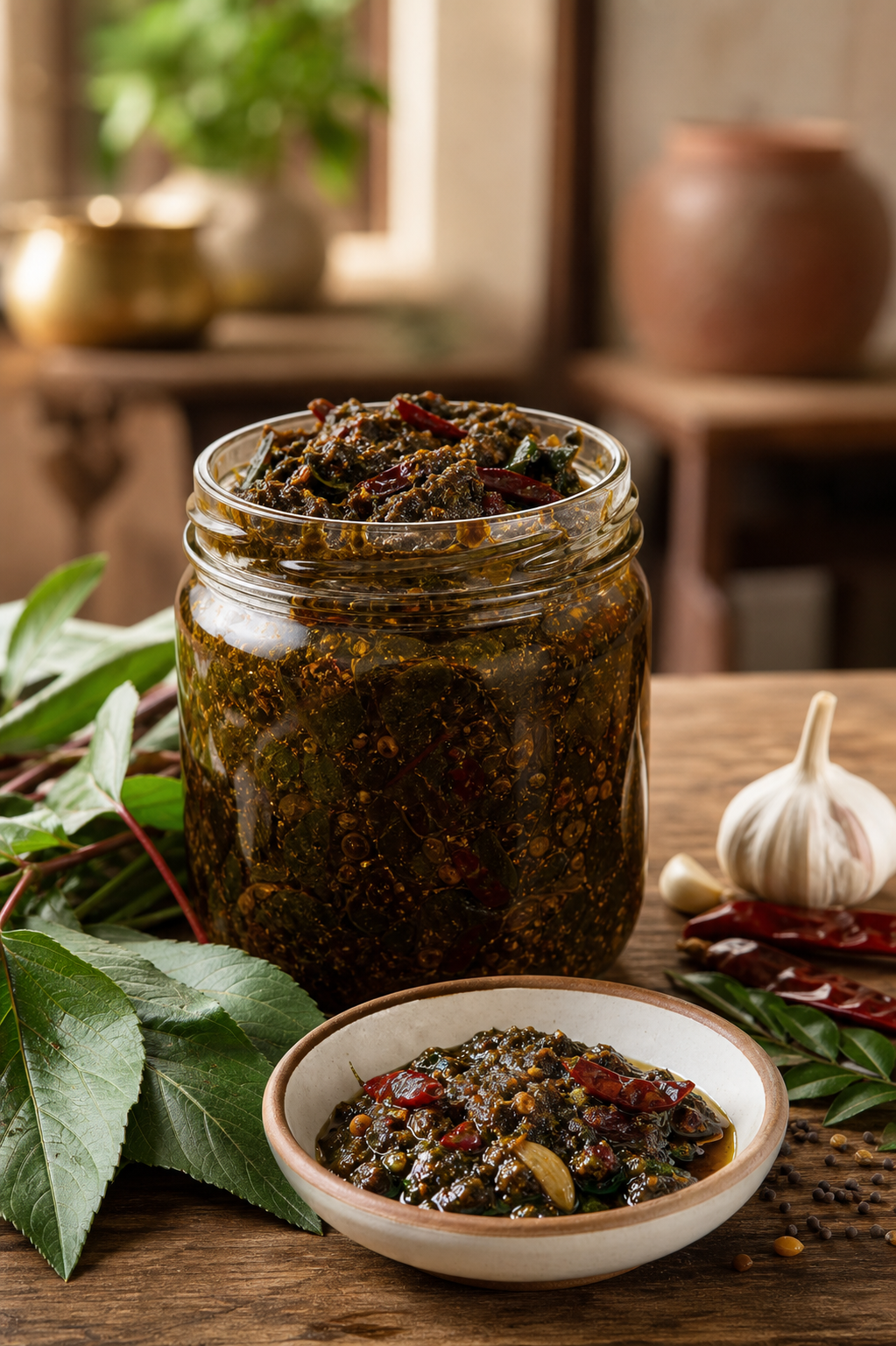 Gongura Pickle in a glass jar with gongura leaves and red chillies