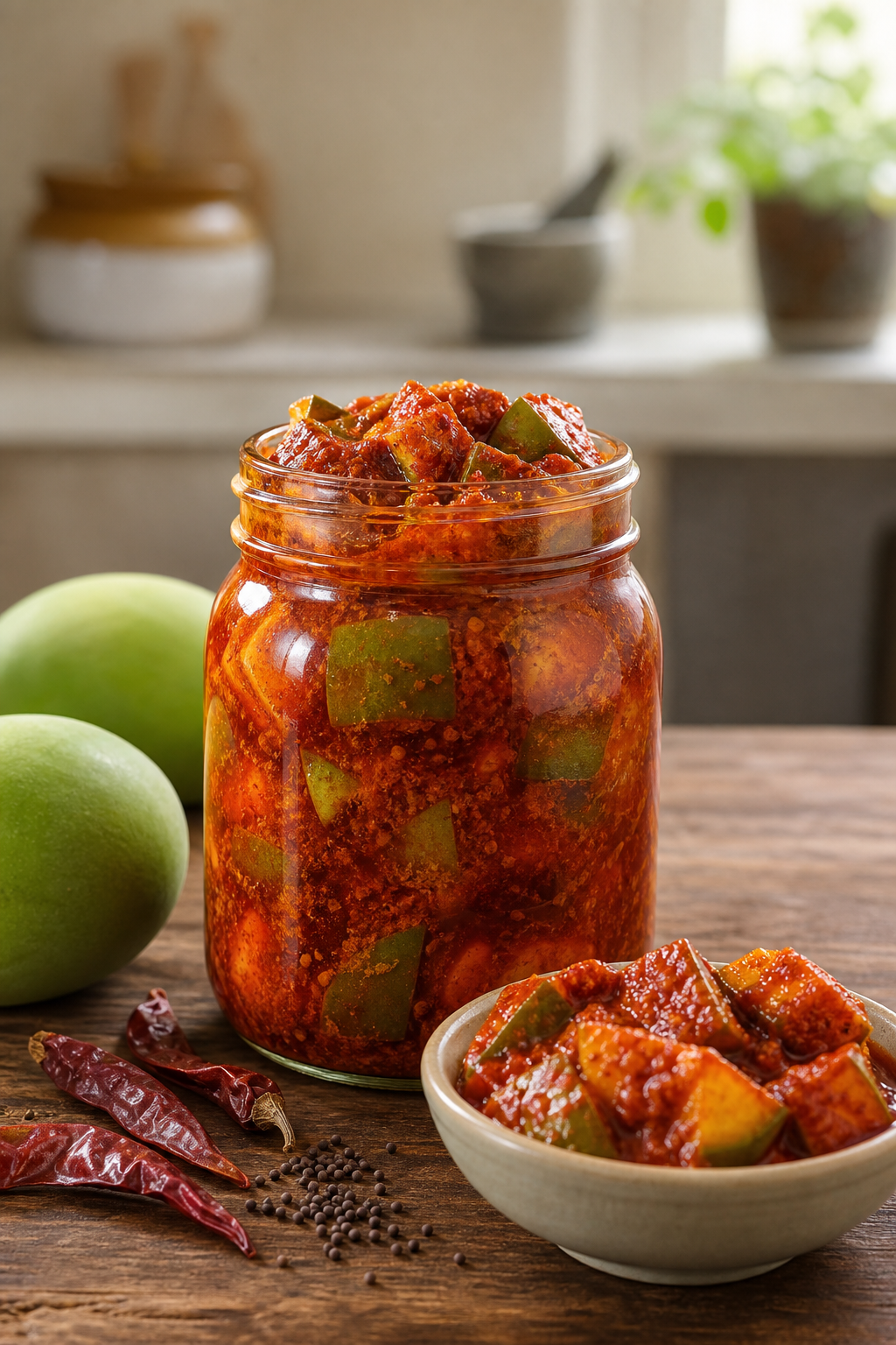 Traditional Andhra mango avakaya pickle in a glass jar with fresh raw mangoes