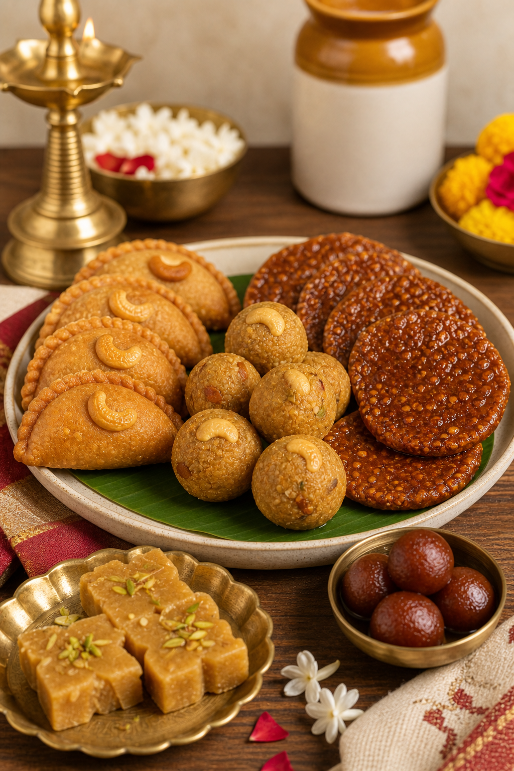 Traditional Andhra homemade sweets arranged neatly on brass and ceramic plates
